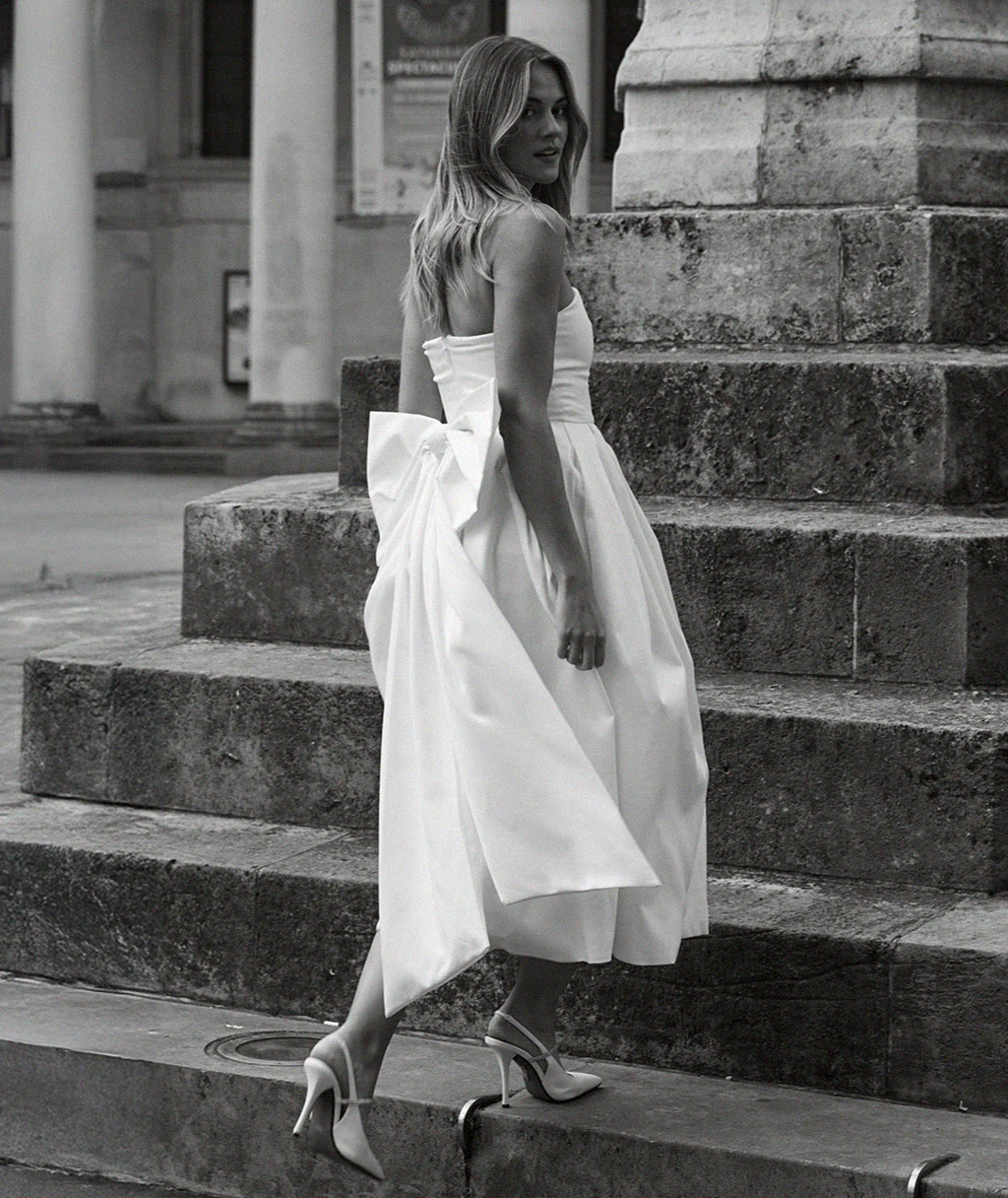 Strapless Bow Back Pleated Midi Dress - White - Image 6